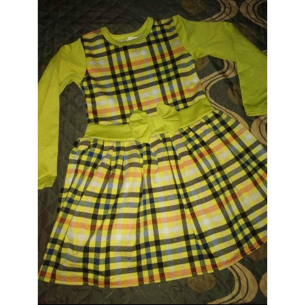 Dress Girls' Yellow EUC Plaid pattern, Bow accent